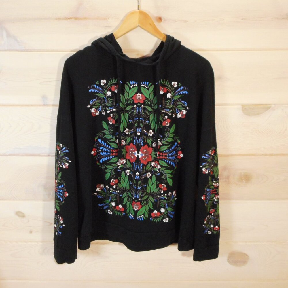 Zara Women's size M Hoodie Sweatshirt Black Scandinavian Floral Print Pullover